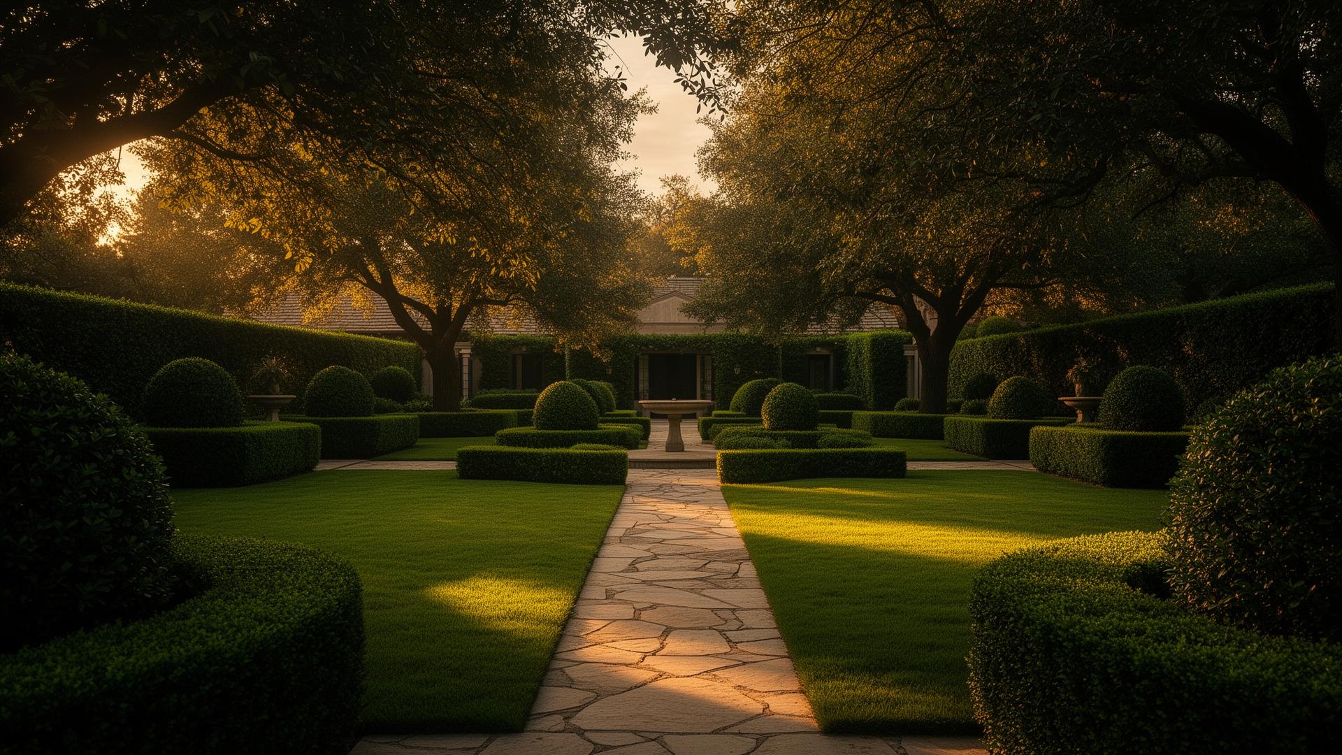 Sculpted estate garden at golden hour